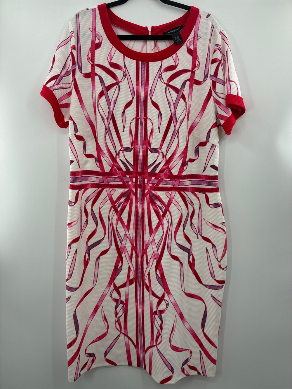 Ashley Stewart White Dress with Pink Ribbon-Print and Red Trim size 24/24